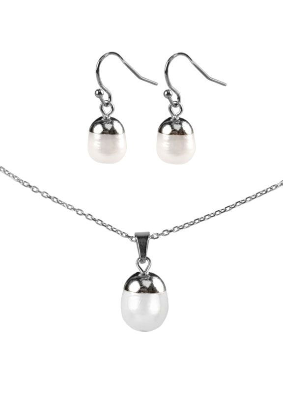 Witte zoetwater parel set bestaande uit een parelketting en parel oorbellen met zilver edelstaal en witte parel hanger | set Silver Dip White Pearl