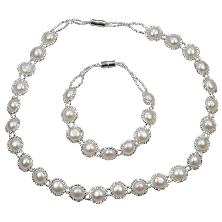 Zoetwater parel set bestaande uit parelketting en parel armband met witte parels en magneetslot | set Pearl O