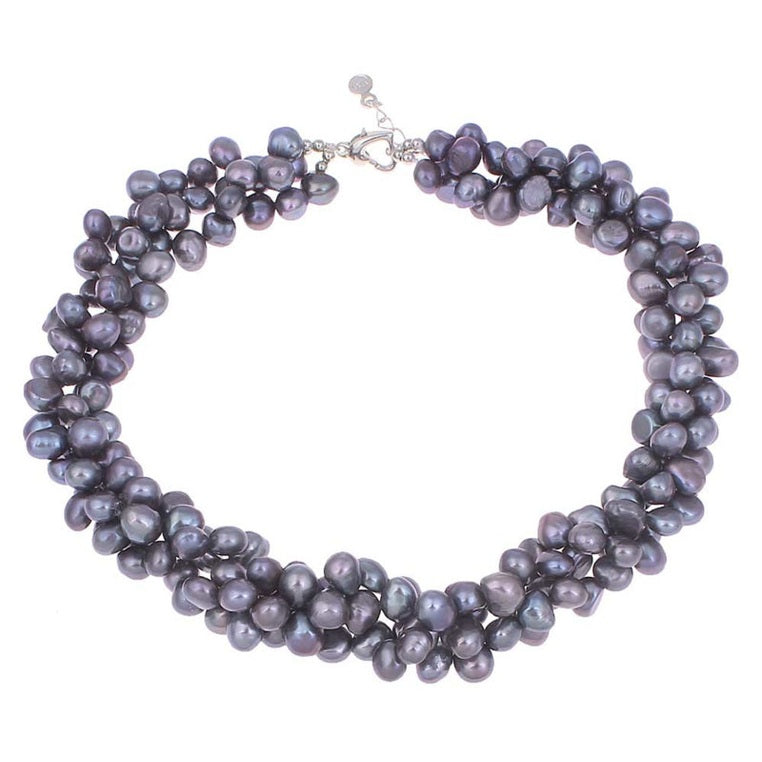 Blauw grijze zoetwater parelketting bestaande uit 3 rijen parels | Amina