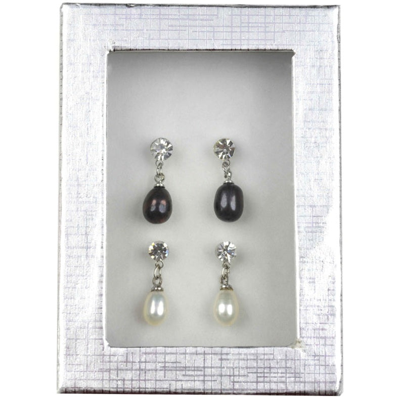 Cadeau set met 2 paar (zwart en wit) zoetwater parel oorknopjes met stras steentje | Cadeau set Big Crystal Pearl W-B
