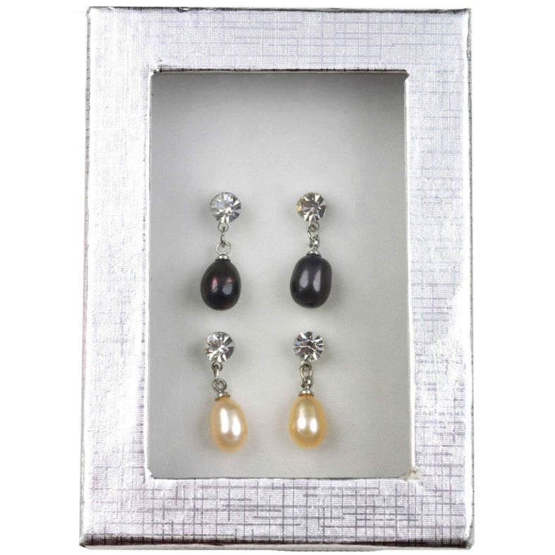 Cadeau set met 2 paar (zwart en zalm) zoetwater parel oorknopjes met stras steentje | Cadeau set Big Crystal Pearl B-Pe