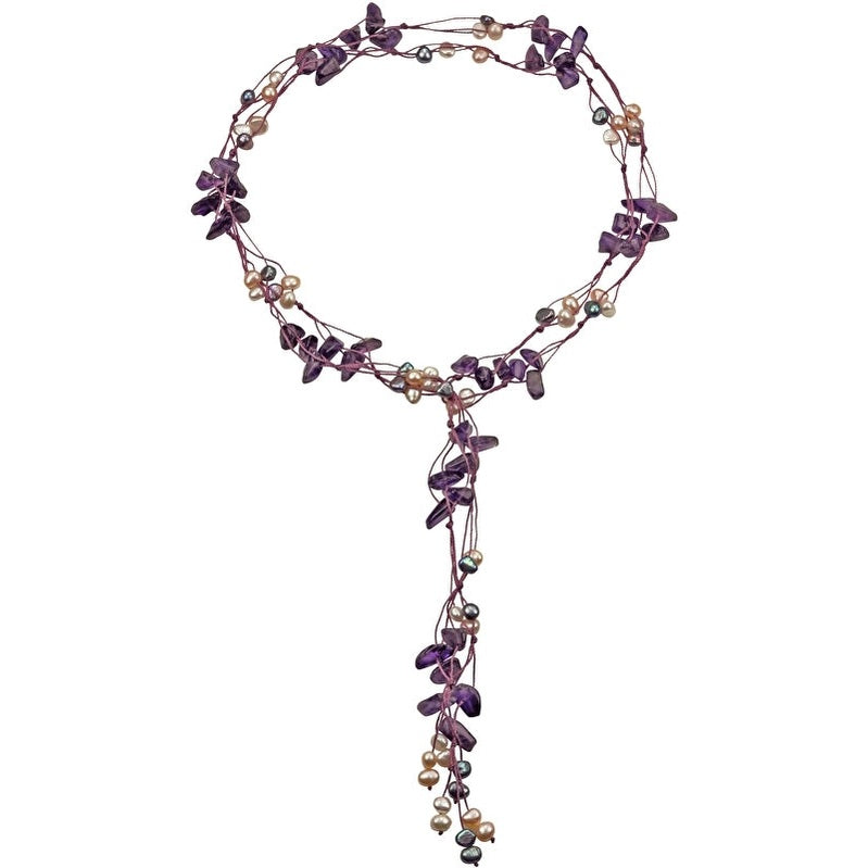 Lange zoetwater parelketting met witte, grijze en zalm kleurige parels en paarse edelsteen amethist | Sweet Purple