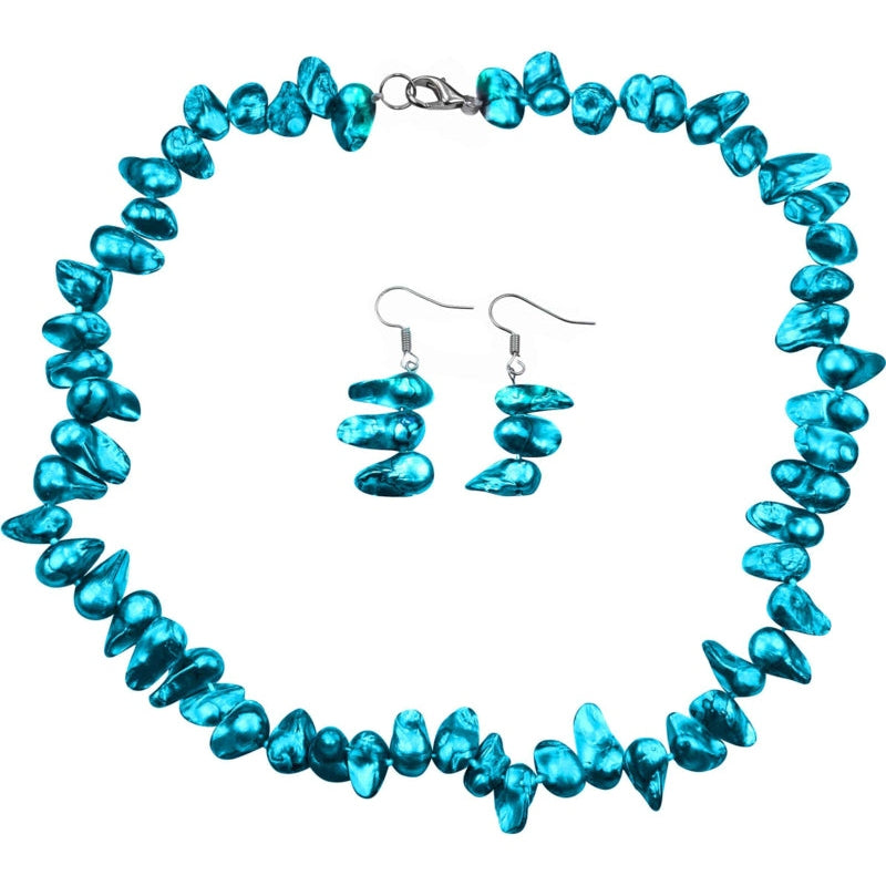 Zoetwater parel set bestaande uit parelketting en parel oorbellen met aqua blauwe parels en sterling zilver (925) | set Pearl Blister Aqua Blue (KO)