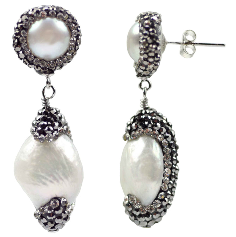 Zoetwater parel oorbellen met stras steentjes | Double Bling Baroque Pearl