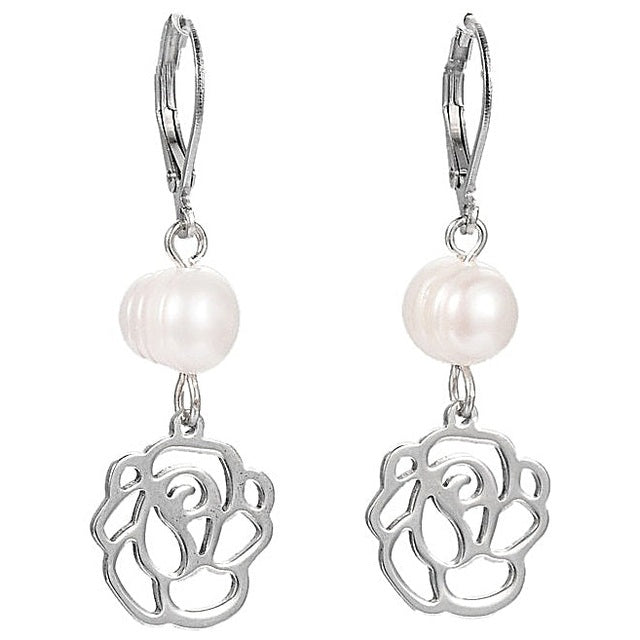 Zoetwater parel oorbellen met witte parel en zilver edelstalen bloem | Pearl Metal Flower