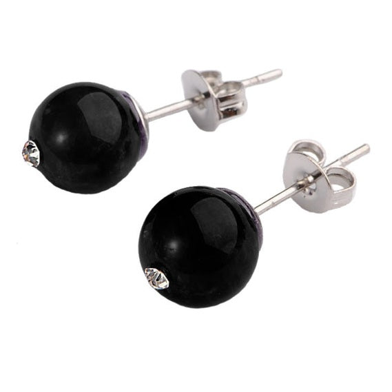 Zwarte edelstenen oorbellen met agaat en stras steentje , zwarte oorknopjes | Bling Black Agate