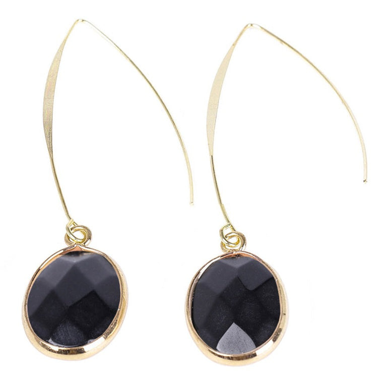 Lange zwarte edelsteen oorbellen met agaat en goud | Long Black Agate Gold