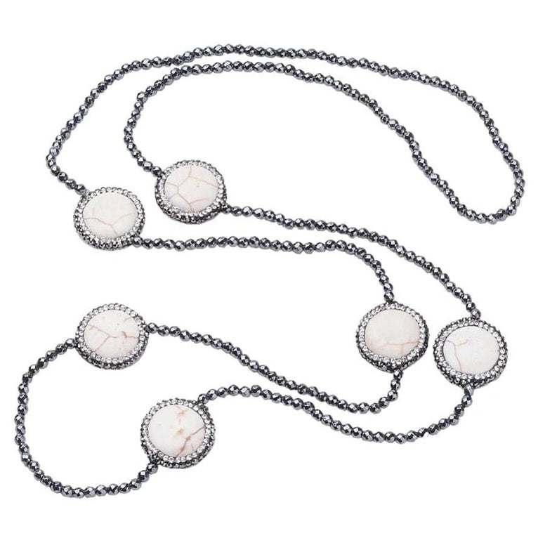 Lange edelstenen ketting met hematiet en stras steentjes | Bright Hematite White Turquoise