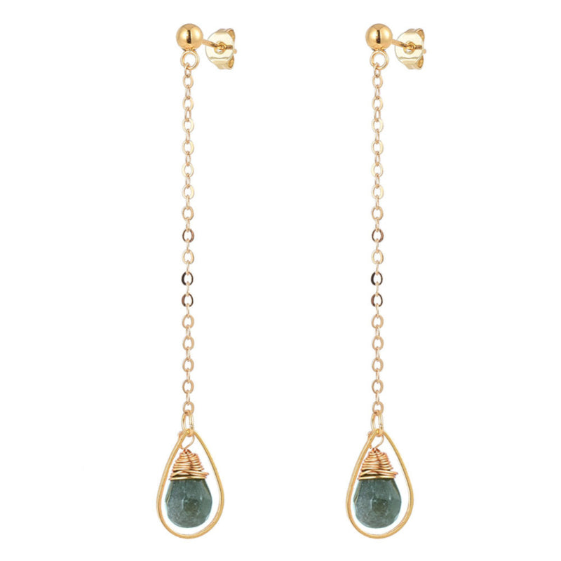 Lange groen edelstenen oorbellen met agaat en goud edelstaal | Dangling Long Indian Agate