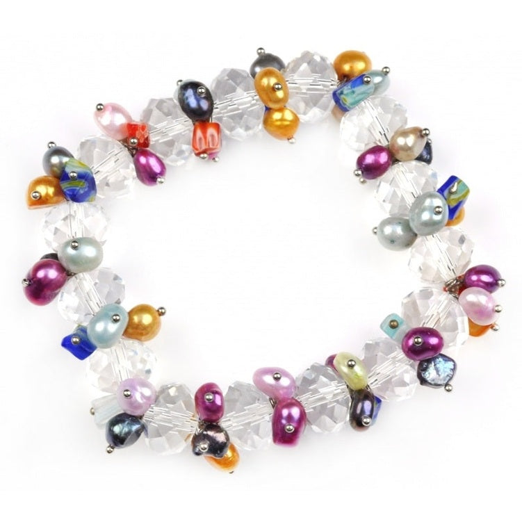 Zoetwater parel armband met bont gekleurde parels en kristal, elastisch | Colorfull Crystal