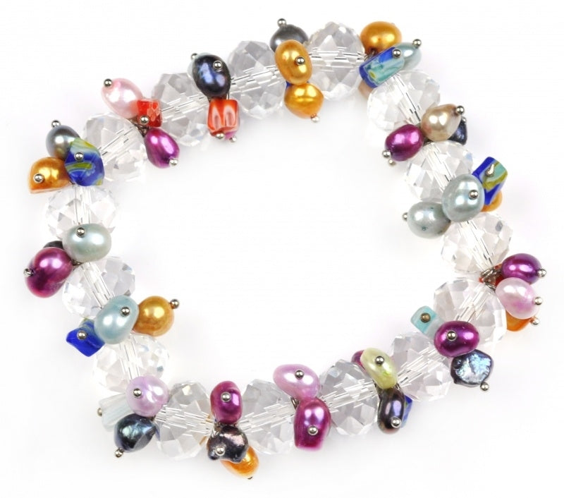 Zoetwater parel armband met bont gekleurde parels en kristal, elastisch | Colorfull Crystal