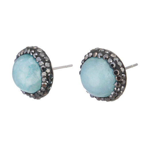 Licht blauwe edelstenen oorknoppen met agaat, stras steentje en zilver edelstaal | Black Bright Clear Light Blue Agate