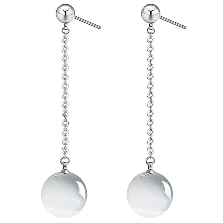 Lange witte edelstenen oorbellen met kattenoog en oorknopje | Silver Dangling White Catās Eye