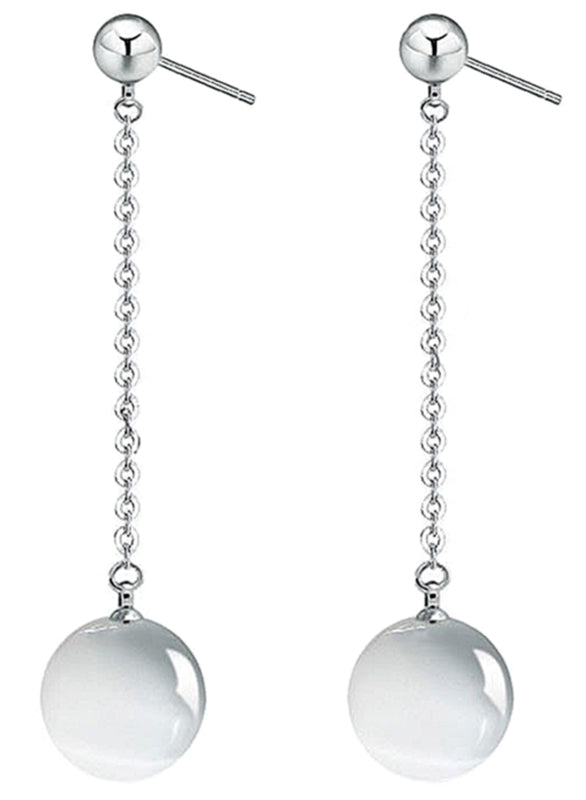 Lange witte edelstenen oorbellen met kattenoog en oorknopje | Silver Dangling White Cat’s Eye