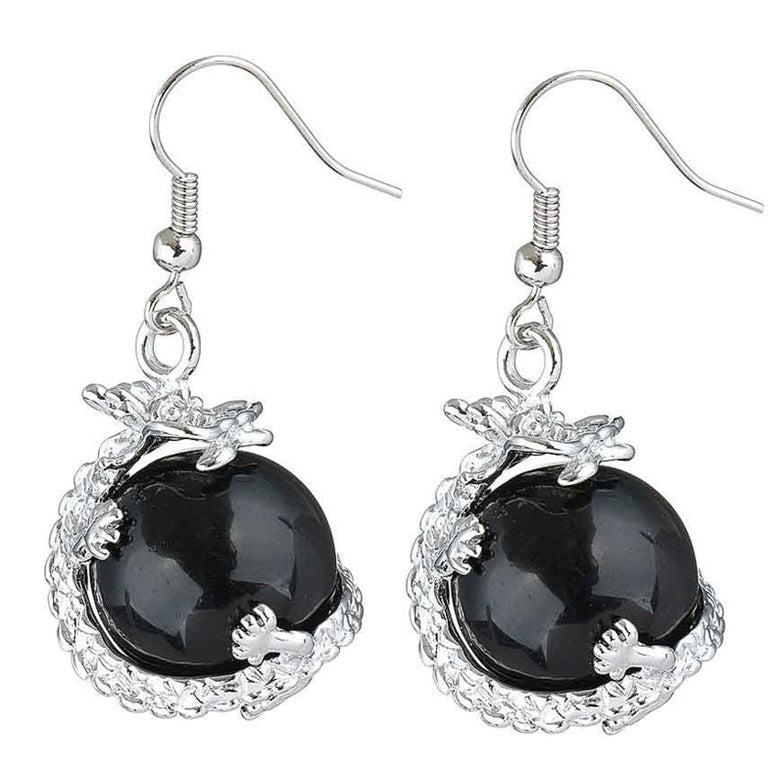 Zwarte edelstenen oorbellen met agaat en sterling zilver (925) | Black Agate Dragon