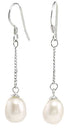 Lange Zoetwater parel oorbellen met witte parel hangend aan ketting met sterling zilveren oorbelhaakjes | Silver Dangling Pearl
