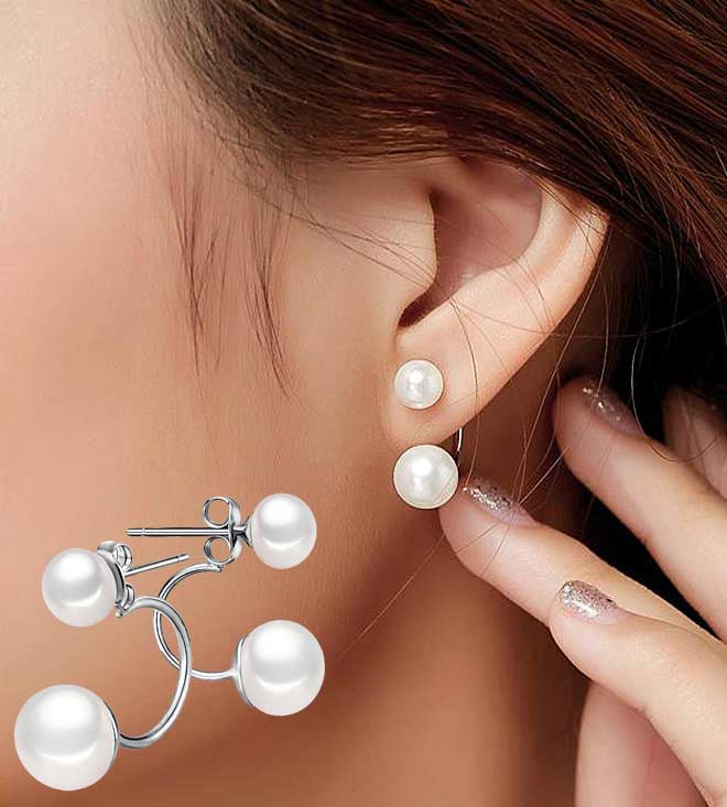 Witte zoetwater parel oorbellen met dubbele parel in oor | Double Pearl