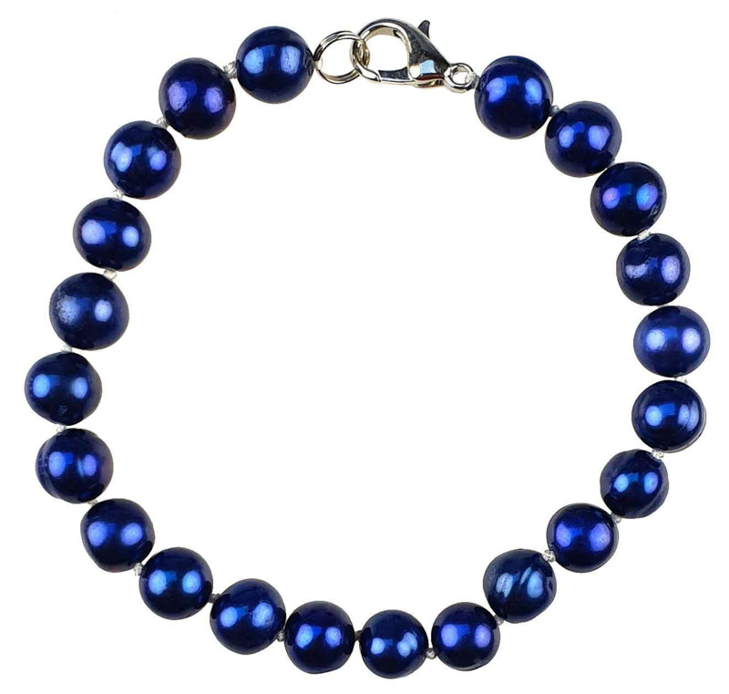 Blauw handgeknoopt zoetwater parel armband met sterling zilver (925) | Pearl Royal Blue