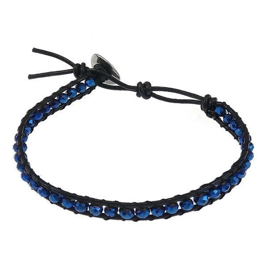 Kristallen armband met blauw kristal en zwart leer | Wrap Blue Crystal