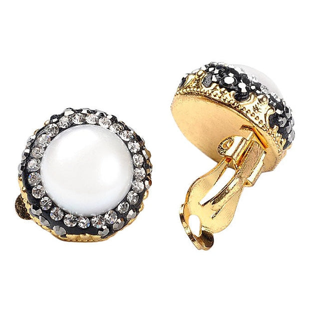 Witte zoetwater parel clips oorbellen met stras steentjes | Bright Pearl Clips