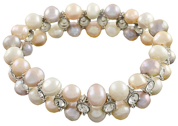 Elastisch zoetwater parel armband met stras steentjes | Double Soft Colors Pearl Bling