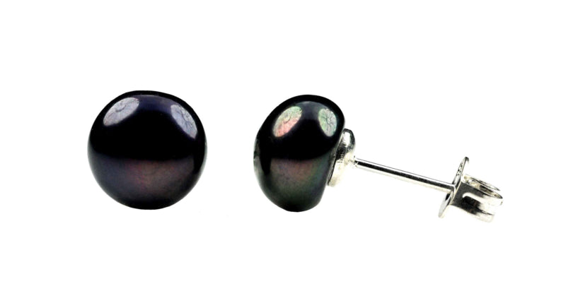 Zwarte zoetwater parel oorbellen met sterling zilveren oorstekers, parel oorknopjes, voor- en zijaanzicht