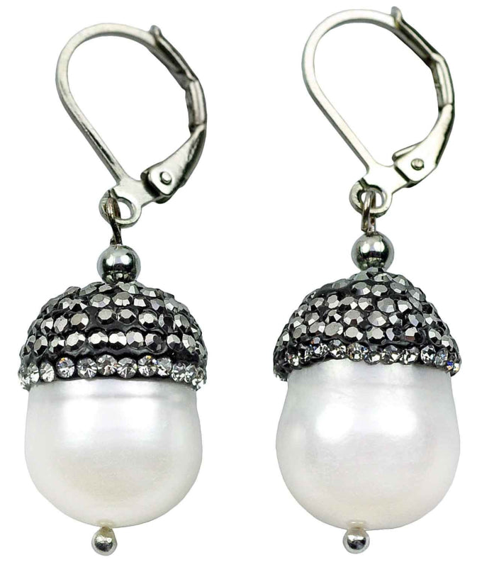 Zoetwater parel oorbellen met witte parel, stras steentjes en sterling zilver 925 | Bling Pearl Big Nuts