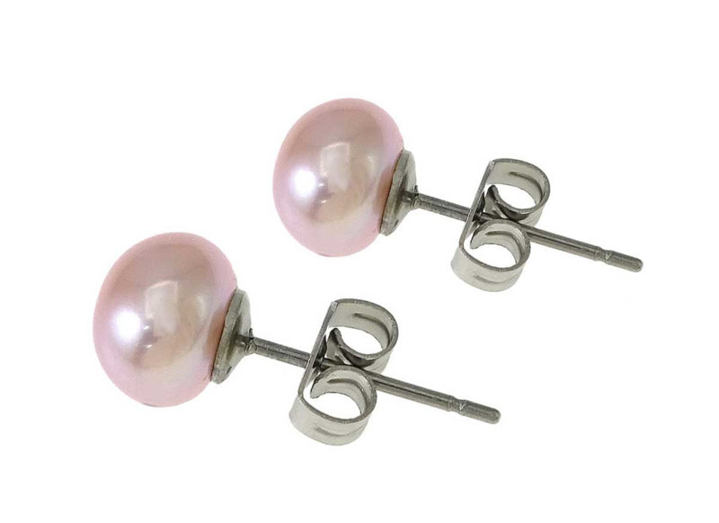 Zoetwater parel oorbellen met roze parel en edelstaal, zijaanzicht | Pearl Rose 8 mm