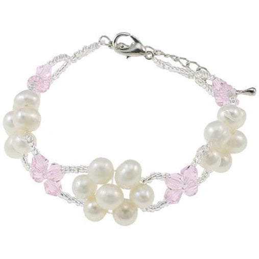 Wit zoetwater parel armband in bloem vorm met roze facet geslepen kristallen | Pearl Flower Pink Crystal