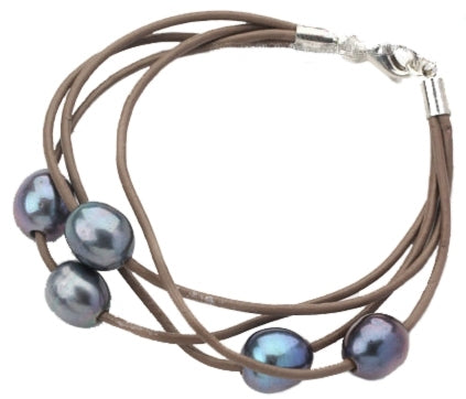 Zoetwater parel armband Leather Pearl Dark