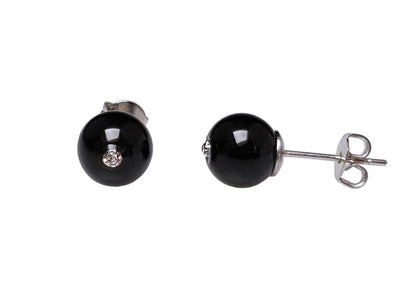 Zwarte edelstenen oorbellen met zwarte agaat en stras steentje, voor- en zijaanzicht | Bling Black Agate