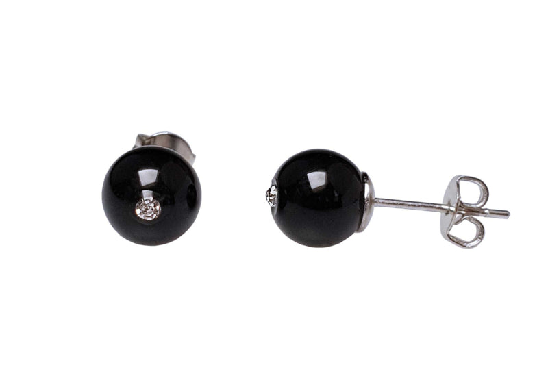 Zwarte edelstenen oorbellen met agaat en stras steentje , zwarte oorknopjes, voor- en zijaanzicht | Bling Black Agate