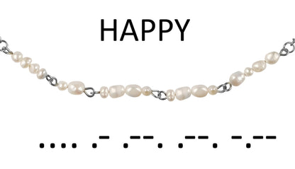 Cadeau set zoetwater parelketting Morse Code Happy Pearl Silver