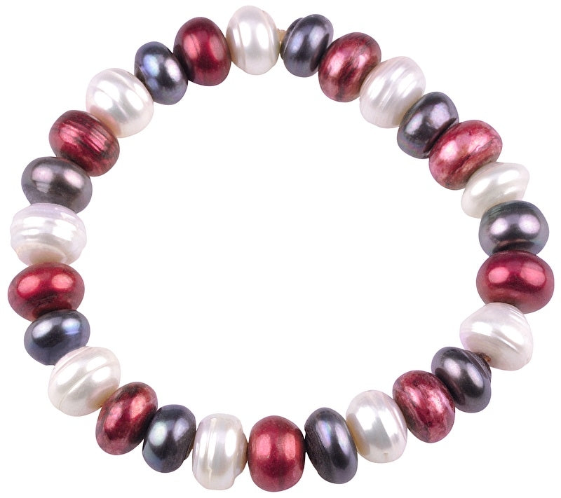 Zoetwater parel armband met witte, rode en grijze parels, elastisch | Tricolor Dark