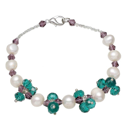 Wit zoetwater parel armband met groene en oud roze facet geslepen kristallen, vooraanzicht | Pearl green Crystal