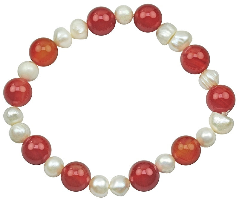 Wit zoetwater parel armband met rode agaat, elastisch | Pearl Red Agate