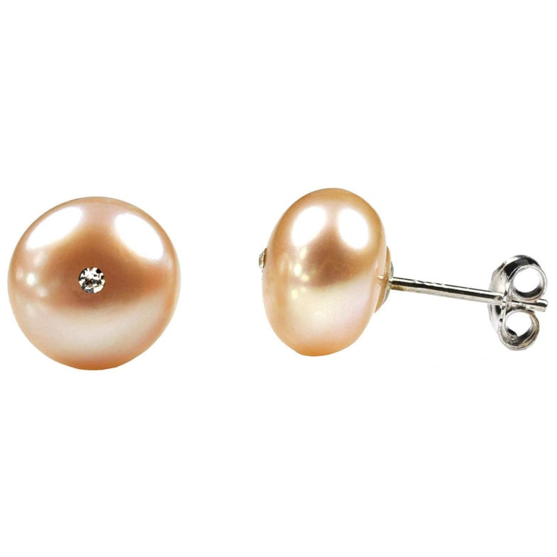 Zoetwater parel oorknop met zalm kleurige parel en stras steentje | Cadeau set Mea Bling B-Pe