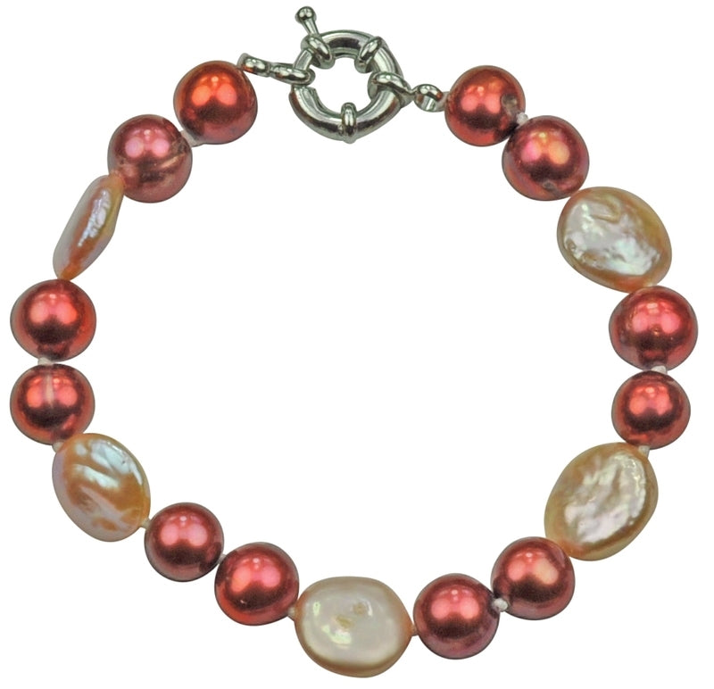 Zoetwater parel armband Red Pearl Peach Coin