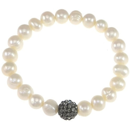 Wit zoetwater parel armband met zwarte stras steentjes | Alexia