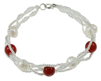 Wit zoetwater parel armband met rode agaat | Twine Pearl Red Jade