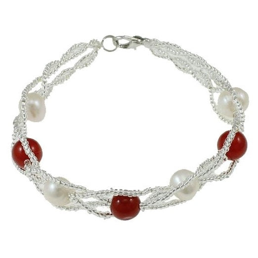 Wit zoetwater parel armband met rode agaat | Twine Pearl Red Jade