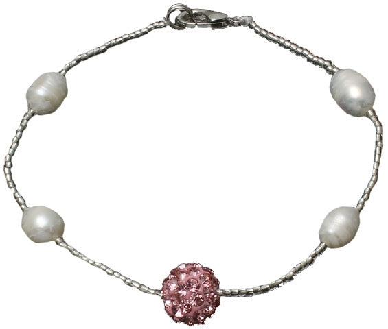 Wit zoetwater parel armband met roze stras steentjes | Pearl Stras Ball Pink