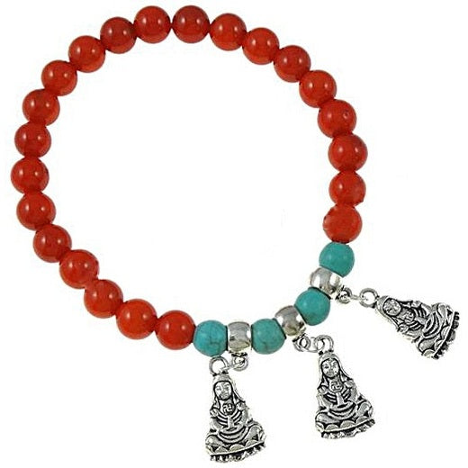 Elastisch rood koraal armband met turkoois en 3 boeddha bedeltjes | Coral Buddha