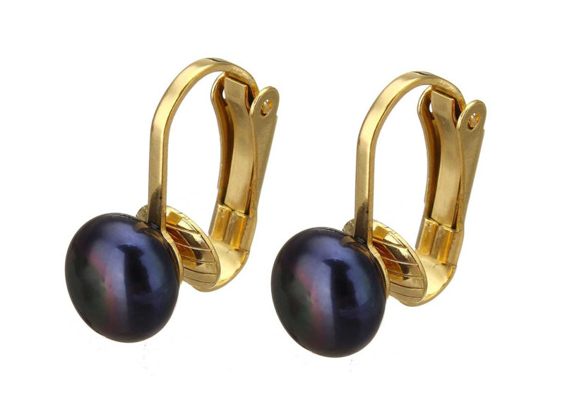 Zoetwater parel clips oorbellen met blauw zwarte parel en goud edelstaal, zijaanzicht | Gold Black Clip Pearl 8 mm