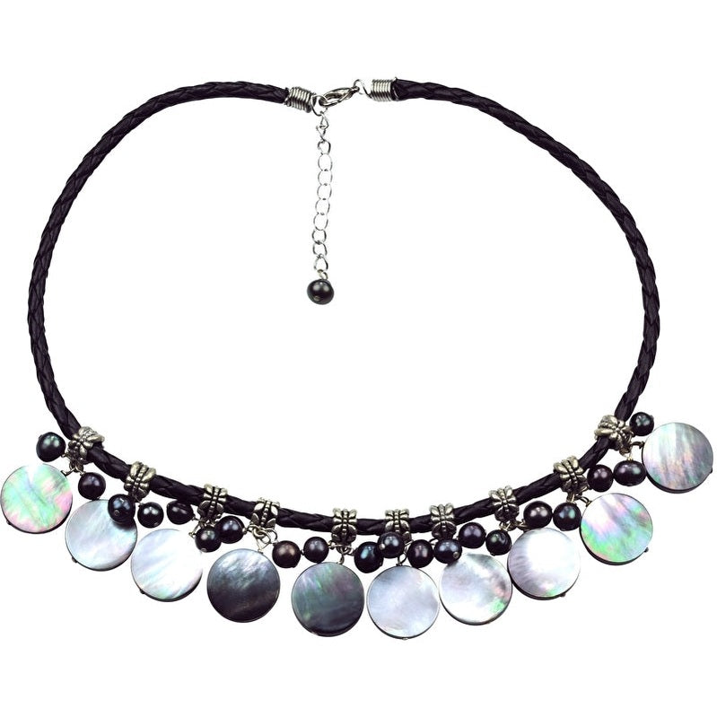 Zoetwater parelketting met grijs bruine parels, zwart parelmoer en zwart leer | Tomba