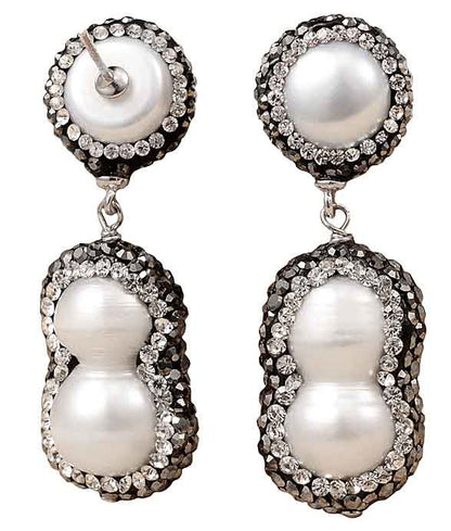Zoetwater parel oorbellen met witte parels, stras steentjes en sterling zilver (925), achterzijde | Double Bling Peanut Pearl