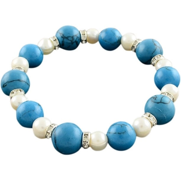 Wit zoetwater parel armband met edelsteen turkoois en stras steentjes, elastisch | Bling Pearl W Turquoise