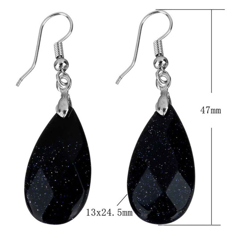 Blauw zwarte edelstenen oorbellen met goudvuur en sterling zilveren oorbelhaakjes, facet geslepen, in druppelvorm, met maataanduiding | Facet Blue Goldstone