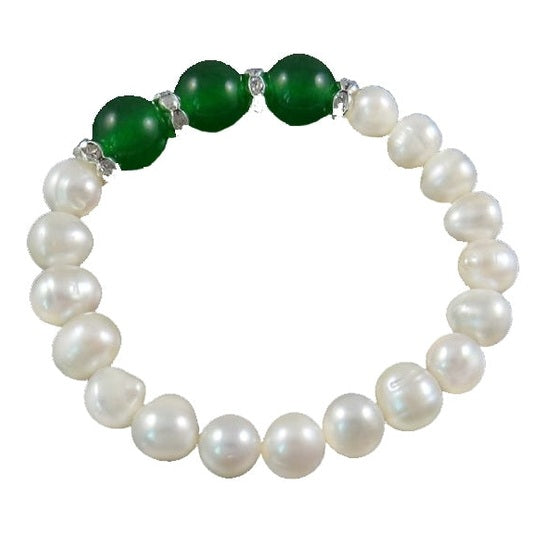 Wit zoetwater parel armband met groene jade, elastisch | Pearl Green Jade