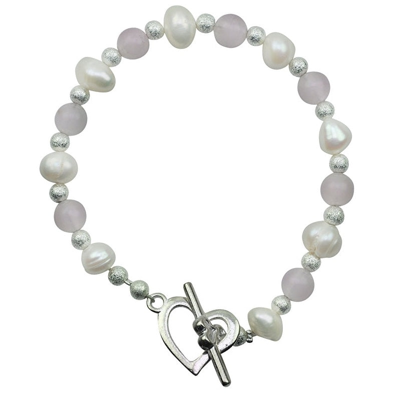 Wit zoetwater parel armband met roze rozenkwarts met hartjes slotje | Pearl Heart RosƩ Quartz
